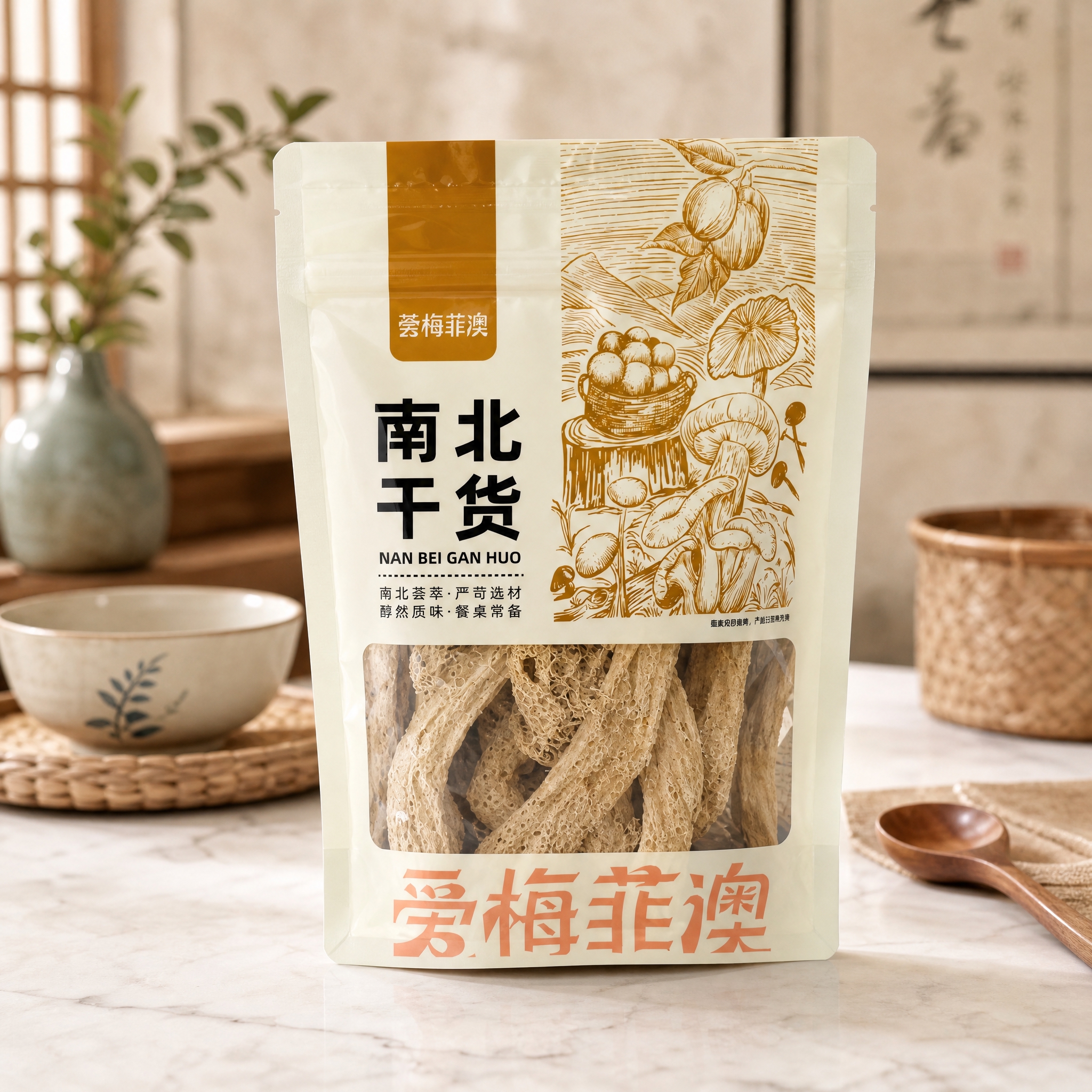 南北干货自立袋包装产品摄影图，米白色包装袋正面印有金色版画风格… - 图片创意预览
