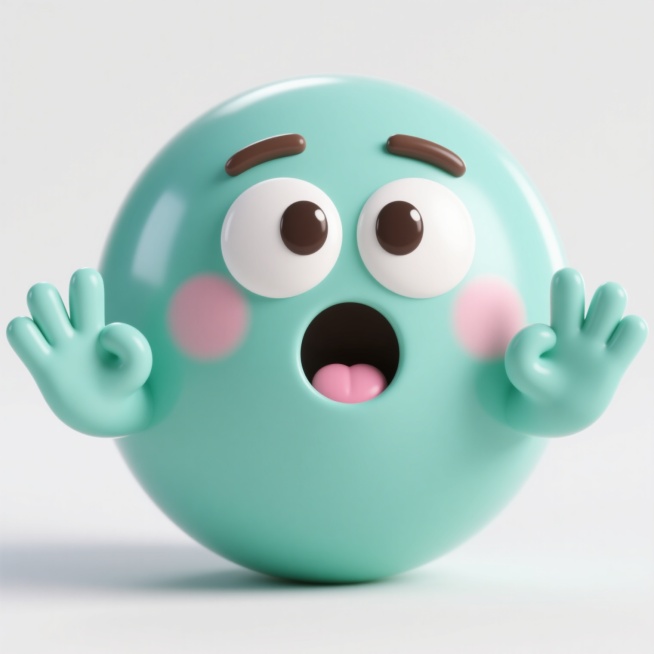 一个3D渲染风格的卡通表情符号，主体为圆形，表面光滑有轻微光泽感，边缘圆润无棱角。整体色调改为清新的薄荷绿色。表情呈现出惊讶的神态：双眼睁得很大，瞳孔为深棕色，眉毛微微向上扬起并皱起，嘴巴张成一个小圆形，露出粉色的舌头。脸颊两侧有淡粉色的圆形腮红，位置略高于原图。角色伸出两只手，手掌朝前，做出“OK”的手势，手指圆润，关节处有轻微的阴影表现立体感。背景为纯白色，突出主体。整体光影效果柔和，光源……预览效果