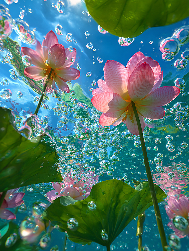Underwater upward view of pink lotus flowers and lush green lotus leaves, submerged in clear turquoise water, bright blue sky visible through the rippling water surface, glistening transparent water bubbles floating around, light refraction creating shimmering effects on petals and leaves, vibrant pink and fresh green tones, photorealistic, hyper-detailed, sharp focus, cinematic natural lighting, vivid color saturation --ar 9:16 --s 250 --v 6.0