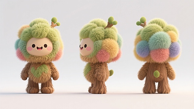 3D卡通风格，拟人化毛发生长设计，色彩斑斓，可爱生动。