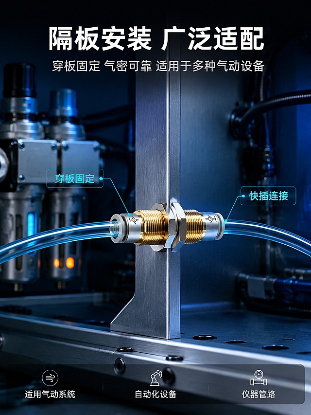 [第3张] 场景适配-KCE自封式接头气动设备隔板安装场景。本张使用【图4】作为商品主体参考。
[氛围/风格] 深蓝工业科技风，真实工业设备应用场景，冷调环境光，专业氛围感，商业摄影质感。
[元素布局] 画面主体为工业设备金属面板局部，KCE自封式接头穿板安装在面板上，两端连接透明PU气管，气管自然弯曲延伸至设备内外。保持接头外观与输入图一致，占比约40%，位于画面中部。背景为深蓝渐变的工业设备内部环境，左侧可见气动元件金属外壳和冷蓝色指示灯，右侧有设备内壁和线路，底部有设备金属底板。画面有前后景虚化，突出接头安装状态。
[光影质感] 设备内部冷蓝环境光为主，面板上方有微弱顶光，侧面指示灯暖黄微光点缀（面积<10%）；接头黄铜部分反光符合冷环境色调，金属面板有冷蓝反光。
[配色色系] 全局底色 #0A1830 深蓝工业环境；主色深蓝藏青；辅助色金属灰、银灰；强调色黄铜金色、亮青色标注、极少量暖黄指示灯。
[视角构图] 45度斜侧平视视角，景深中等，接头安装处清晰锐利，前后设备环境轻微虚化；阅读动线上部标题 → 中部安装场景 → 底部说明。
[文字版式] 顶部居中主标题「隔板安装 广泛适配」白色粗黑体；副标题「穿板固定 气密可靠 适用于多种气动设备」银灰色。画面左右两侧用亮青色引线标注关键部位：左侧引线指向面板处标「穿板固定」，右侧引线指向气管标「快插连接」。底部信息条白字：适用气动系统 自动化设备 仪器管路。
[比例分辨率] 3:4 竖版比例，4K分辨率，文字清晰可辨，高清画质。
[负向提示词] 变形，水印，文字错乱，文字过小，缺件错件，结构错误，颜色偏差，产品图模糊，背景杂乱，电商平台Logo，多余的手，畸形手指。