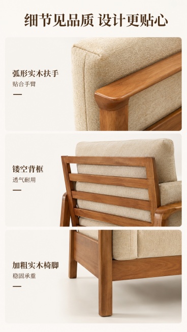 [第6屏] 细节功能展示页，特写天青沙发工艺细节。本屏使用【图3】展示扶手和工艺细节。
[氛围/风格] 特写质感，干净清晰，专业工艺展示，柔和光影。
[元素布局] 页面分成三个横区：上区特写弧形实木扶预览效果