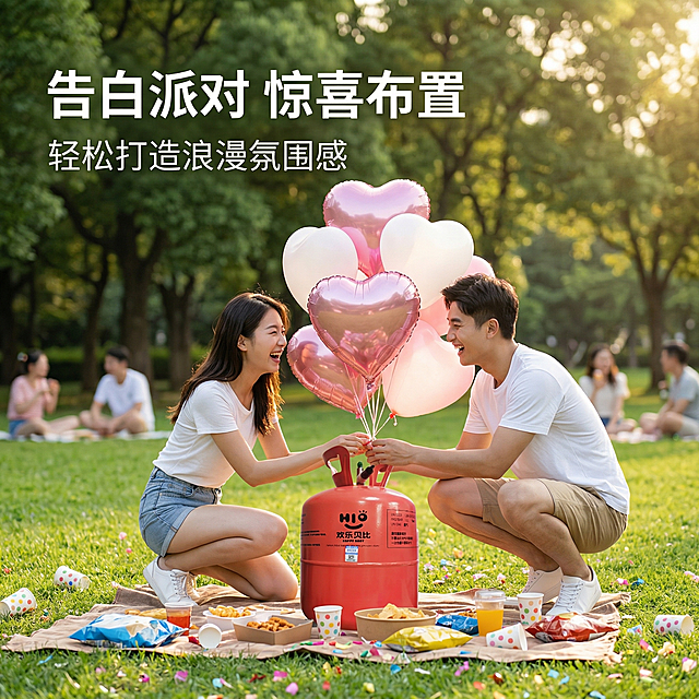 [垫图] https://gdesign-dam-hz.dancf.com/35975701459750987/e86f3d1e7ccc4d4d8ce617b17bb0fb04.png
[主图主题] 户外派对使用场景展示
[氛围/风格] 欢快轻松户外派对氛围，自然光感，青春活力
[画面元素] 红色氦气罐放置在野餐垫上，前景一对年轻情侣共同布置爱心铝膜气球，开心欢笑，周围散落着派对零食和野餐布，草地背景树木郁郁葱葱，阳光洒落，产品自然融入场景，不突兀，背景全屏无边框
[配色色系] 主色调：红色罐体，绿色草地，暖黄阳光；点缀粉色气球
[视角构图] 平视生活抓拍视角，景深自然，产品清晰可见
[文字版式] 左上角主标题“告白派对 惊喜布置”，副标题“轻松打造浪漫氛围感”，白色无衬线字体悬浮在左上角天空留白处，不遮挡人物面部和产品主体，符合拼多多场景种草风格
[分辨率] 2k