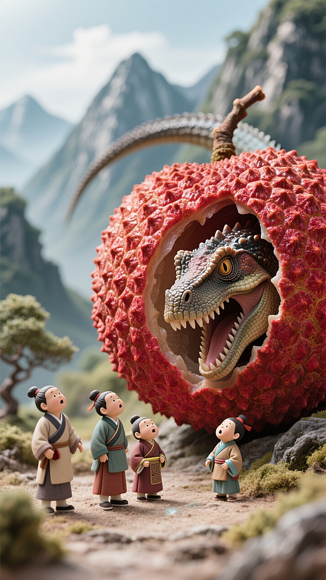 一个巨大的荔枝阻断山脉，几个迷你唐装小人看着荔枝，荔枝占视觉中心，荔枝里爬出一头巨大的恐龙