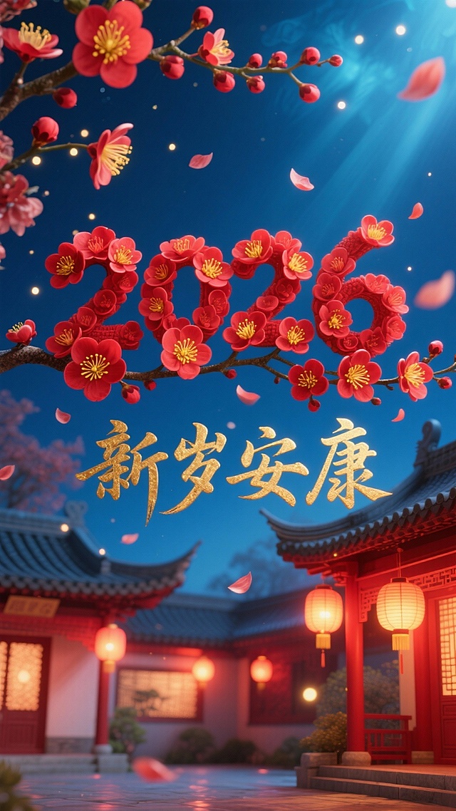 国潮风3D设计，梅花绽放成“2026”，鎏金文字“新岁安康”熠熠生辉，中式庭院灯火通明，光影流动，水彩质感花瓣飘落，喜庆梦幻交织。