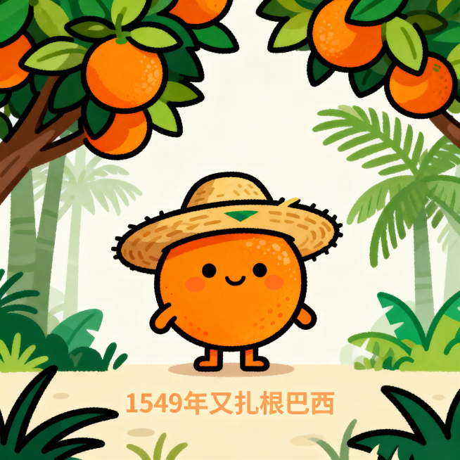 简约可爱扁平风格，Q版拟人化甜橙戴着巴西草帽，站在热带雨林的甜橙树下，配文字“1549年又扎根巴西”预览效果