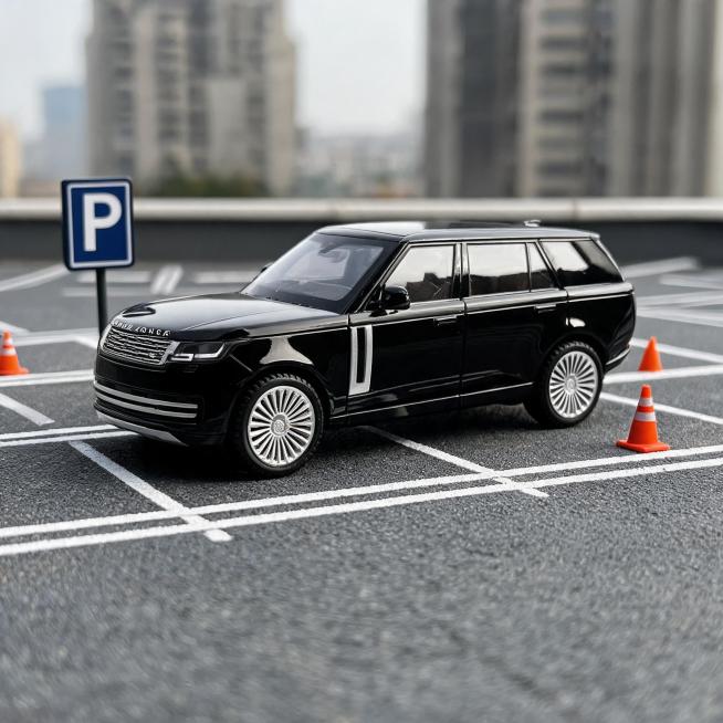 微缩停车场场景，搭配停车线、路障、停车牌道具，背景虚化建筑，黑色路虎揽胜车模，全车车门关闭，侧停在车位内模拟日常停车状态，斜上方45度俯拍，镜头聚焦车身侧面，展现SUV宽大车身线条，自然光均匀打光，突预览效果