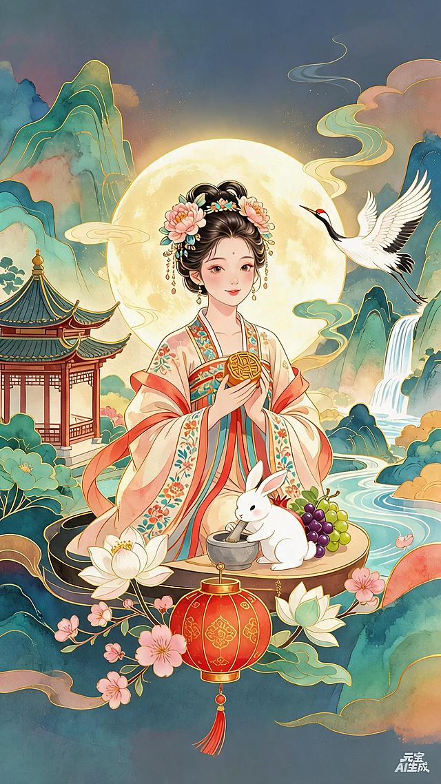 将玉兔捣药从圆月移动到下方桌子上，保留其他所有元素不变，保持原有的新国风插画风格，工笔水彩加线描，金色勾边，整体风格、色彩和构图不变
