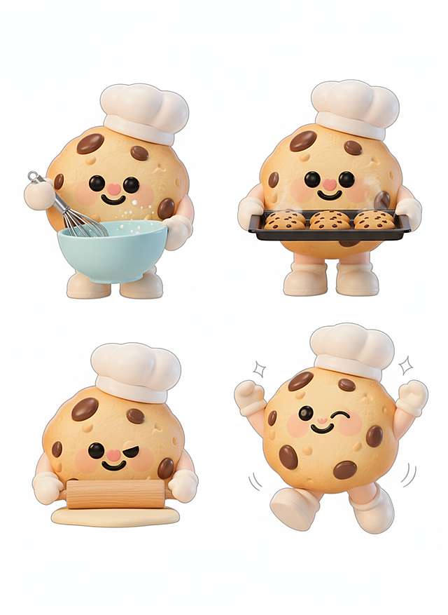 参考图片的形象做四个动态延展，四个不同动态的形象规整排布，动作灵动