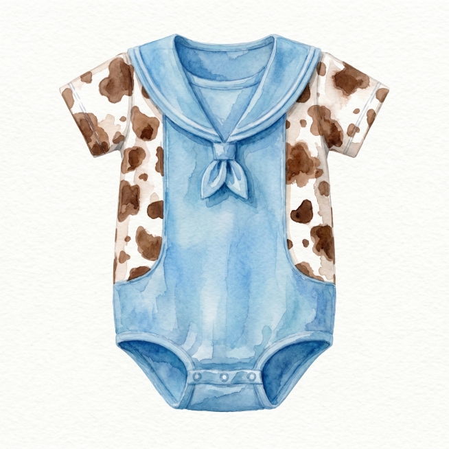 将图片改为水彩手绘风格，保留婴儿服款式和配色，蓝白色奶牛纹拼接，保持纯白底，只保留婴儿服主体，去掉其他杂物，水彩笔触柔和自然，手绘质感细腻，保留商品完整形态，整体清新干净预览效果