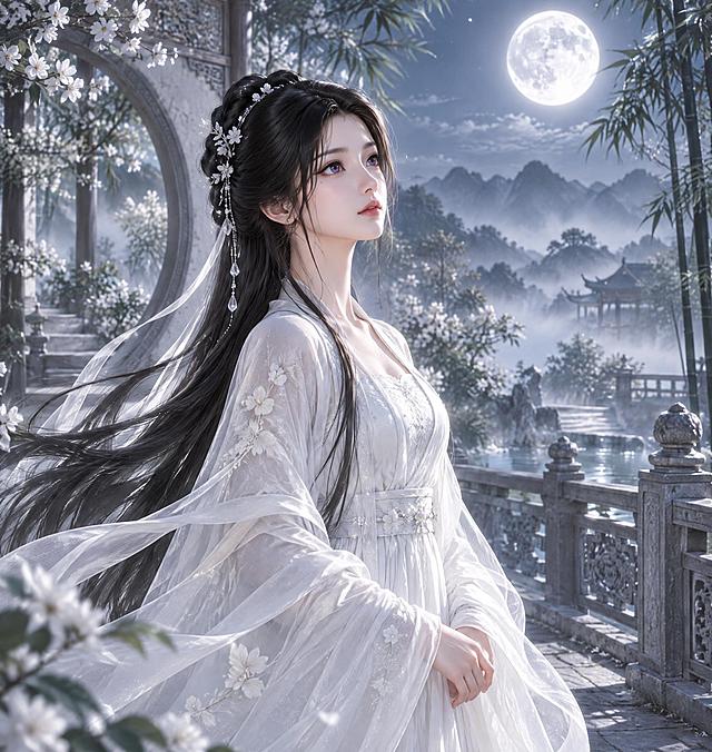 基于参考图中女子的脸型与五官特征进行唯美古风CG创作（保留3D唯美CG插画质感，非写实照片）：保留她柔和的鹅蛋脸型、精致细长的眉眼、小巧鼻梁与唇形，乌黑浓密长发，神情清冷静谧。她身着纯白色长裙，衣袂轻盈飘逸，手中不持任何物品，独自立于古风庭院之中，与天上明月静静对望，姿态安静出尘。背景为朦胧的古典庭院与远山：月洞门、雕花栏杆、石阶、花木与竹林在薄雾中若隐若现，远处山峦轮廓淡雅；庭院弥漫淡淡的月华雾气。色彩与光影：冷白清透色调，画面明亮通透，月光清冷柔和，同时以明亮自然光与柔和漫射光提亮整体，形成静谧氛围；绝对不要有任何泛黄的暖色调滤镜，不要复古感。画面协调自然、细节丰富，突出月光的清冷与女子的静谧。画面中不要出现任何文字、水印或标识。