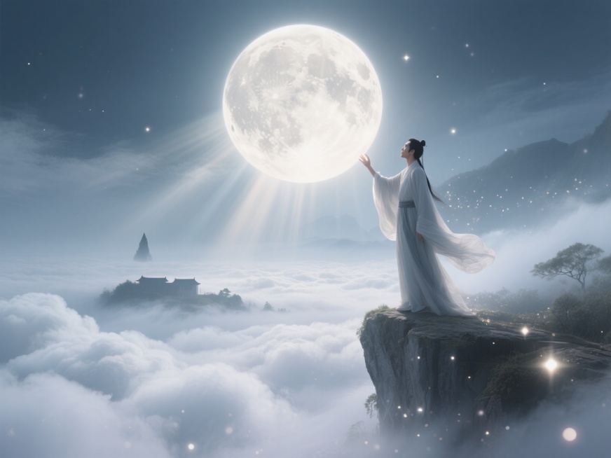 云雾缭绕的仙境中，一轮巨大的明月悬浮在云海之上，诗人站在悬崖边，衣袂飘飘，脚下是翻滚的白色云海，远处隐约可见故乡的剪影，他伸出手仿佛想要触摸月亮，眼神中满是对家乡的眷恋，整体画面梦幻而富有诗意，仙气十预览效果