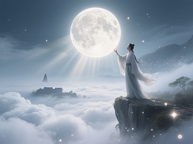 梦幻唯美的中式插画风，古典仙人触月，云海缭绕，超现实主义意境。