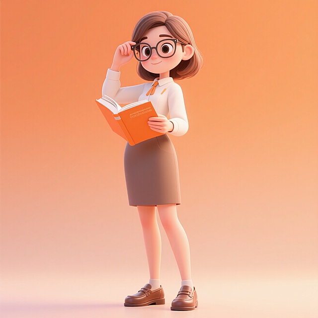 年轻女教师（拿课本，手扶眼镜，穿小皮鞋），全身，元素完整。橘色渐变背景