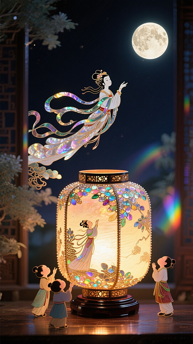 梦幻感与中式古典交织，琉璃灯映照嫦娥飞天剪影，微缩童子仰望，鎏金纹饰辉映月夜，国潮风插画演绎中秋浪漫温馨。