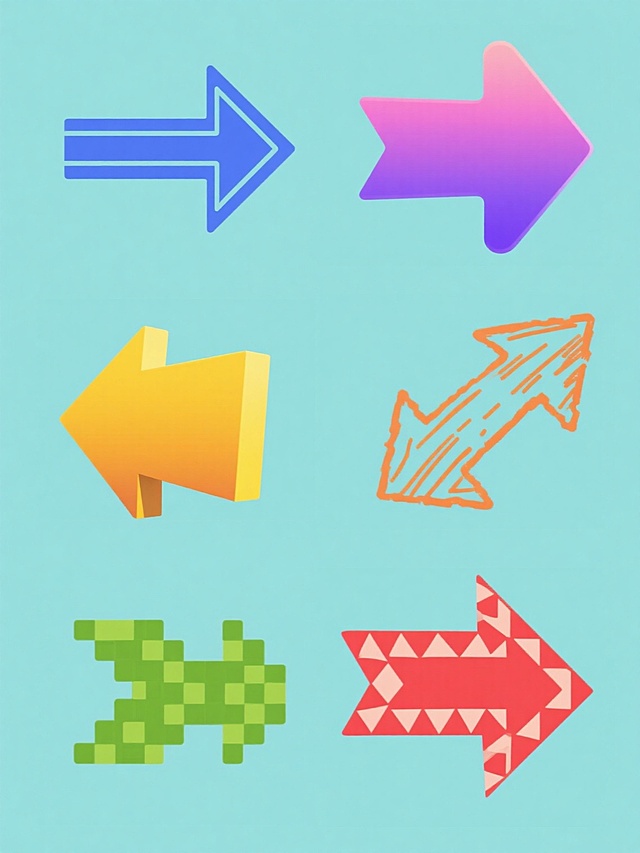 六个完全不同风格、不同造型的箭头图标系列素材集合，规整排布，每个箭头均为纯色背景，包含以下风格：1. 扁平化风格，简约线条，蓝色，直角箭头；2. 渐变风格，紫色到粉色渐变，圆角箭头；3. 3D立体风格，黄色，带有阴影效果的箭头；4. 手绘风格，橙色，线条略带不规则的箭头；5. 像素风格，绿色，8位像素感的箭头；6. 几何装饰风格，红色，箭头边缘带有三角形装饰，所有箭头保持指向右侧的核心元素内容，整体色彩丰富多样，布局整齐有序。