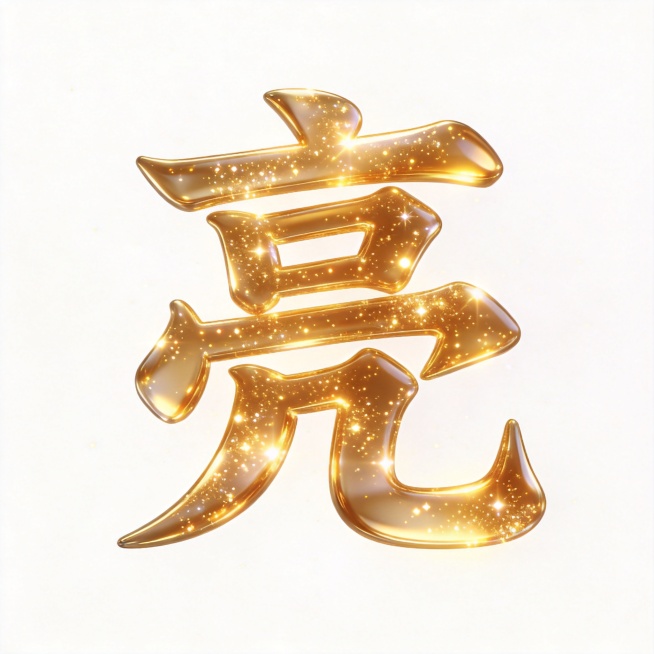 干净的纯白色背景。
3D艺术字体设计，1个主体文字"亮"，发光通透黄金材质字体，所有文字单行横向排列，光亮主题风格，笔画充满闪耀光芒和粒子效果，金色暖光主体色。
仅包含1个字："亮"，不得增加、遗漏或预览效果