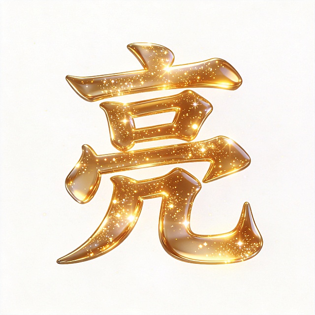 干净的纯白色背景。
3D艺术字体设计，1个主体文字"亮"，发光通透黄金材质字体，所有文字单行横向排列，光亮主题风格，笔画充满闪耀光芒和粒子效果，金色暖光主体色。
仅包含1个字："亮"，不得增加、遗漏或替换任何一个字。
文字整体必须完整呈现在画面内不可被裁切，四周留有安全边距。比例1:1。