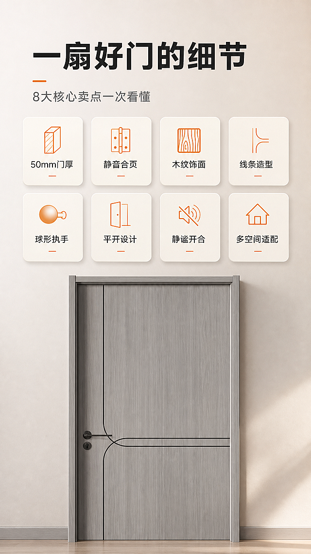 [商品] 使用【图35】灰木纹造型室内木门正面图作为底部主视觉；保留门面不对称装饰凹槽线条、灰木纹饰面、门套线条、黑色球形执手与锁孔等全部结构与颜色，置于画面下1/3横贯作背景氛围，清晰化处理不改变凹槽走向与结构。
[画面] 目标总览核心卖点；顶部标题区，中部2排共8个圆角icon卖点卡，底部门体横贯作背景氛围图，产品占画面约40%；背景为暖白浅暖灰渐变+哑光质感，卡片带细投影。
[视觉] 套系策略：风格=现代高端家居商业摄影；标题字=现代无衬线粗体；正文字=简洁现代无衬线体；主色=灰木色；背景延展=暖白至浅暖灰细腻渐变、哑光墙面质感；强调色=暖橙色，仅用于小面积图标、引线、标签和局部光效；标题色=深炭黑；正文色=中暖灰；组件=圆角浅色信息卡、细线引线、圆角小图标；光影=右前侧暖柔光、室内自然光。icon用暖橙色小图标，卡片浅暖白底。
[文字] 主标题“一扇好门的细节”，副标题“8大核心卖点一次看懂”，8个信息点各4-6字：“50mm门厚”“静音合页”“木纹饰面”“线条造型”“球形执手”“平开设计”“静谧开合”“多空间适配”，全部横向排版，不遮挡门体关键结构。
[规格] 9:16竖版，4K画质，避免字过小、错字、竖排文字、门体变形、凹槽线条消失、冷蓝背景、电商平台Logo/水印、绝对化用语。
