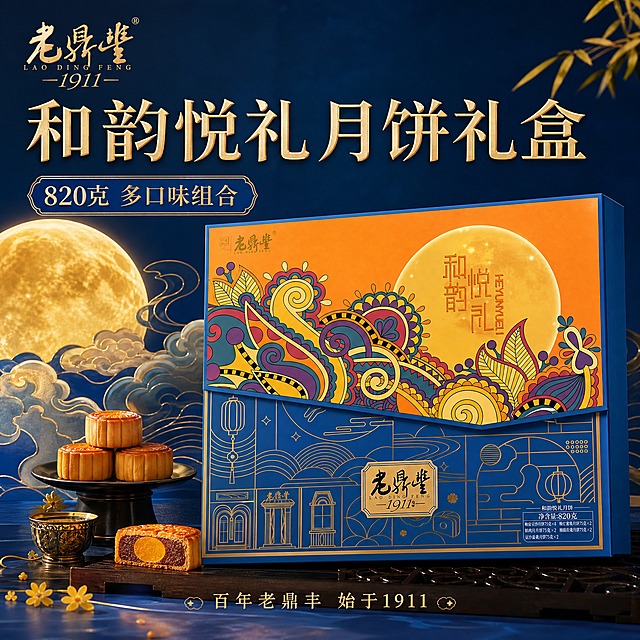电商主图，老鼎丰和韵悦礼月饼礼盒首图。蓝橙配色礼盒正面完整展示，居中偏右，占画面65%。背景为深蓝色渐变，左侧有金色满月、祥云纹样与月饼装饰，国潮插画风。左上角放置老鼎丰品牌Logo。左上方大字主标题：和韵悦礼月饼礼盒，副标题：820克 多口味组合。底部小字：百年老鼎丰 始于1911。整体蓝金橙配色，高端国潮风格，商业摄影质感，礼盒立体感强。禁止出现正品保证、破碎包赔等字样。