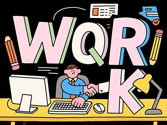 卡通感插画风，大字“WORK”环绕办公场景，色彩鲜明，创意生动。