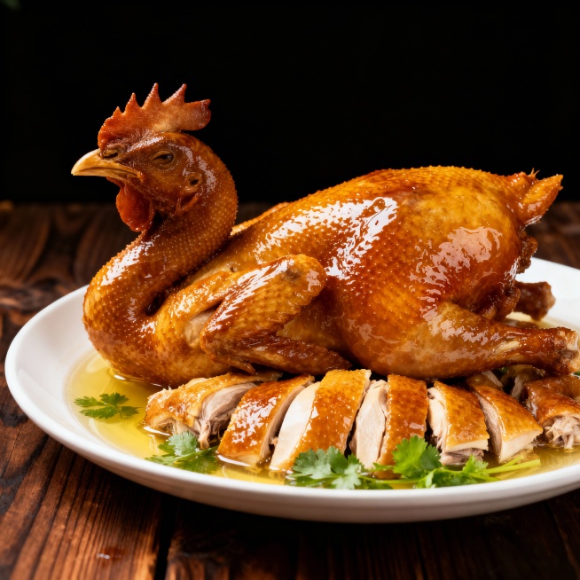顶级美食摄影，一只完整的肇庆茶油鸡，鸡皮呈现完美的金褐色，油光发亮如琥珀，被斩件后整齐码放，鸡皮与嫩滑的鸡肉微微分离，盘中汇聚着清澈的茶油汁液，点缀新鲜香菜，侧逆光拍摄，突出脆皮质感，背景深色木质纹理预览效果