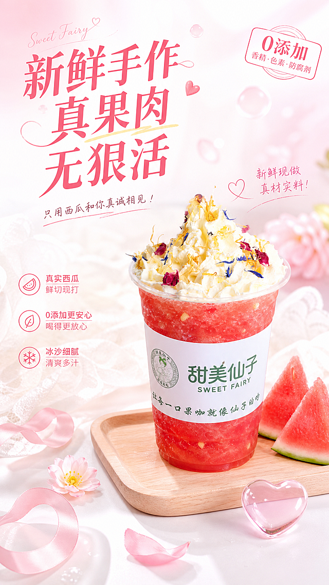 不改变原产品样子，凸显西瓜果肉，传递新鲜真实的口感，强调无添加，添加亮眼文案"新鲜手作 真果肉 无狠活"，整体更有少女心，提升购买欲