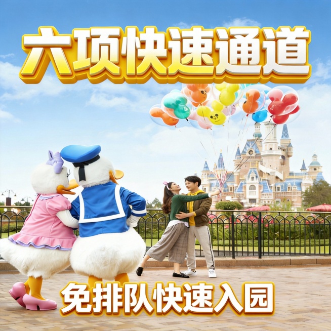 主标题为“六项快速通道”，采用醒目的黄白渐变立体加粗字体；下方配有“免排队快速入园”的促销文案，整体风格是商业电商风，色彩鲜艳明快，充满童话感与节日氛围，画面具有强烈的视觉吸引力和立体感，图片比例为预览效果
