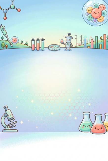 保留生物实验室主题元素，转换为可爱手绘卡通风格，色彩明亮活泼，将移液枪、细胞、烧瓶、分子结构等元素改为圆润卡通样式，底部预留1/5高度的空白区域，整体清新可爱，适合医疗产品宣传预览效果