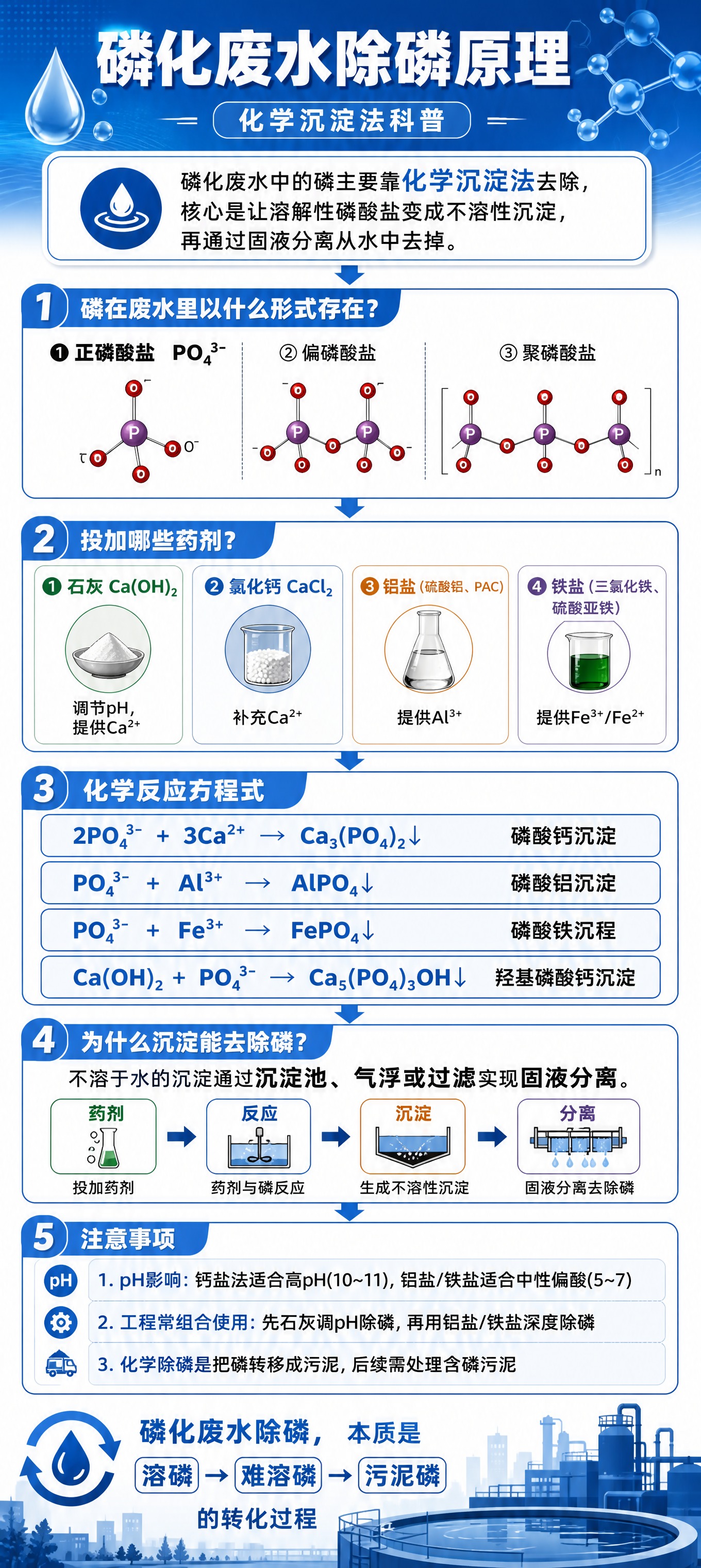 竖版科普长图海报，工业环保蓝白配色，标题为"磷化废水除磷原理"… - 图片创意预览