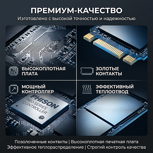 SSD四宫格细节特写：PCB板纹理、金色触点、主控芯片、散热涂层，亚马逊高转化四宫格创意构图，每格独立展示一个细节，搭配俄式极简图标。背景为深灰渐变，每格细节区域做银色/蓝色高光，突出工业质感。地道俄文大标题"ПРЕМИУМ-КАЧЕСТВО"，小标题"Изготовлено с высокой точностью и надежностью"，说明"Позолоченные контакты | Высокоплотная печатная плата | Эффективное теплораспределение | Строгий контроль качества"。主色调深空黑、金属银、科技蓝，无水印、无价格、无亚马逊logo、无促销文字