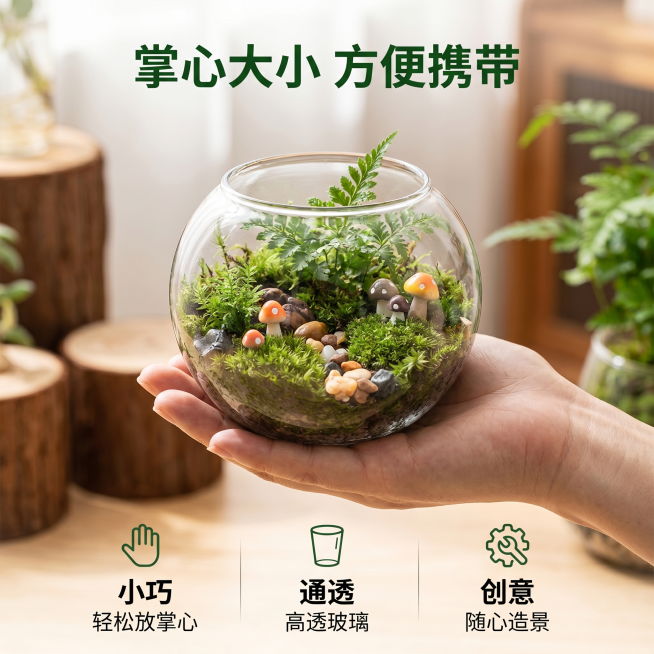 [主图 2] 微观造景缸尺寸细节体验展示图。
[氛围风格] 森林卡通风格，温馨自然生活感，真实质感；
[画质] 商业摄影质感、光线柔和通透、产品清晰真实、画面干净高级。
[元素] 掌心托着这款圆形玻璃预览效果