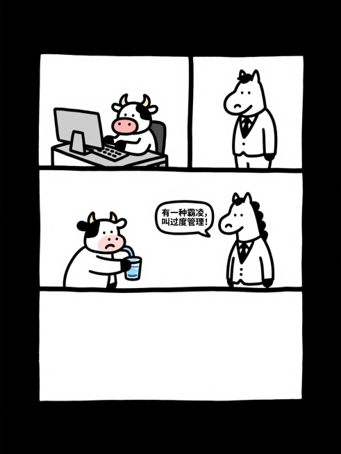 根据下面的剧本设计一组小牛与小马的日常行为学四格漫画。
画面一，小牛在电脑前认真工作，小马穿着西装，站在旁边严肃地盯着他。
画面二，小牛去接水喝，小马穿着西装严肃地跟着小牛。
画面三，小牛不开心地说：预览效果