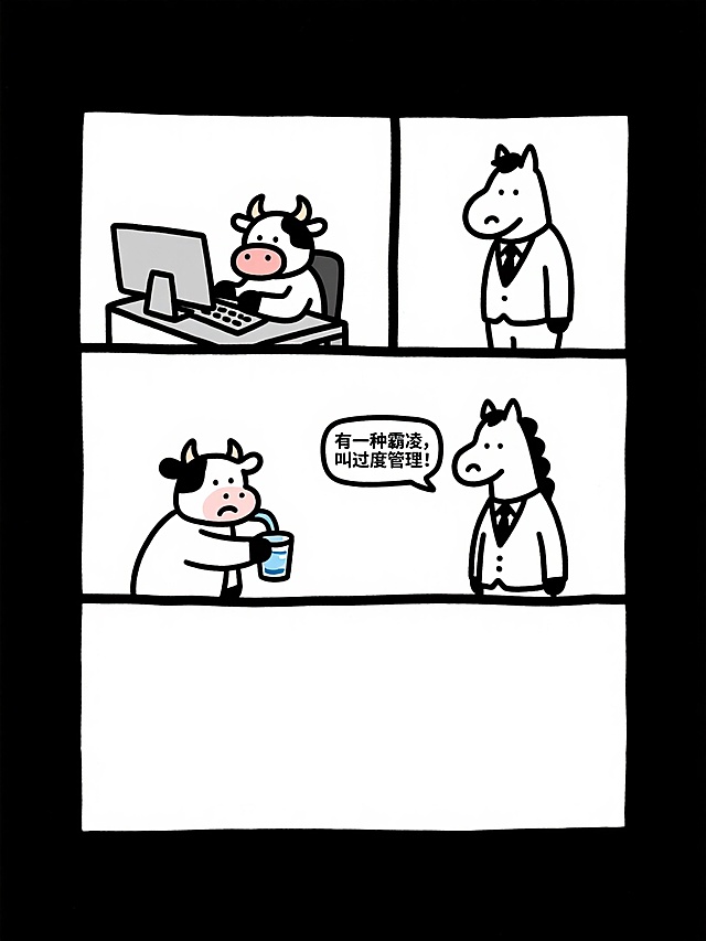 根据下面的剧本设计一组小牛与小马的日常行为学四格漫画。
画面一，小牛在电脑前认真工作，小马穿着西装，站在旁边严肃地盯着他。
画面二，小牛去接水喝，小马穿着西装严肃地跟着小牛。
画面三，小牛不开心地说：有一种霸凌，叫过度管理！