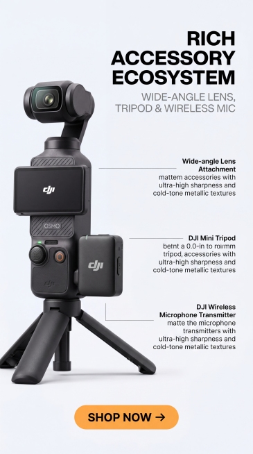 严格还原参考图中的DJI Osmo Pocket 3产品细节，包括哑光黑机身颜色、DJI/OSMO品牌LOGO位置、文字内容、云台镜头结构，产品尺寸约139.7 × 42.2 × 33.5 mm，重量预览效果