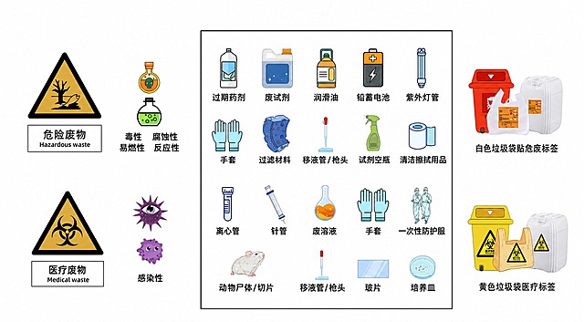 仅在图片中间的黑色矩形框架内进行修改优化，框架外的内容保持原样不动：1. 统一框架内所有文字的字体，全部使用同一种清晰的无衬线黑体，字号风格保持一致；2. 在框架内危险废物分类区域的第一行最右侧（铅蓄电池右边），添加一个“紫外灯管”的图标图片，风格与其他图标一致（扁平卡通插画风格），下方标注“紫外灯管”文字，与同排其他图标对齐；3. 将框架内“铅蓄电池”的图标图片放大，使其尺寸与同排其他图标（过期药剂、废试剂、润滑油）大小相协调；4. 整体优化框架内的画面布局，所有图标和文字对齐整齐，行列间距均匀，画面干净整洁，保持框架内的整体结构和分类逻辑不变，黑色外框保持原样
