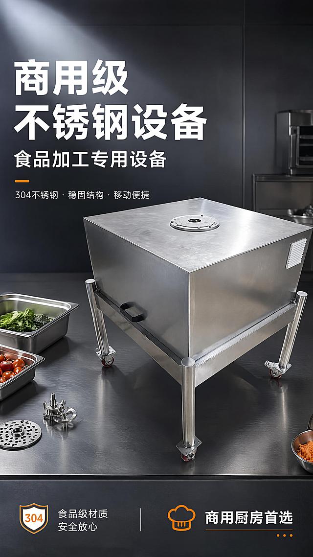 [第1屏] 详情页头图-商用不锈钢食品设备新品宣传海报。本屏使用【图1】作为商品主体，保持原排版结构不变：左上大标题+右侧产品+底部信息条。
[氛围/风格] 工业科技风，深灰金属质感，专业商用设备视觉，商业摄影质感，干净利落。
[元素布局] 不锈钢方形设备置于画面中央偏右，占比约60%-65%；左侧留标题区，底部为深灰色工业台面；台面增加不锈钢食材容器、食品加工相关装饰；背景为深灰色渐变工业空间，有微弱光线从左上方打下来；保持设备机身结构、304不锈钢材质、顶部圆形进料口、侧面通风口、四条圆柱支腿、万向脚轮、侧面黑色拉手与输入产品图一致。
[光影质感] 左上方主光源，右侧辅光补光，底部自然投影，不锈钢机身高光清晰，整体明暗层次分明，突出金属质感。
[配色色系] 全局底色 #2A2D33；主色深灰金属；辅助色不锈钢银白、橙色点缀、白色文字。
[视角构图] 正面微仰视，产品为视觉中心，阅读动线左上标题→中部产品→底部信息条。
[文字版式] 版式为左上大标题+右侧产品+底部信息条，与原排版一致。主标题「商用级不锈钢设备」，副标题「食品加工专用设备」，两行粗黑体左对齐；标题下方小字「304不锈钢 · 稳固结构 · 移动便捷」；底部左侧卖点标签「食品级材质安全放心」，右下角「商用厨房首选」；文字不遮挡机身主体。
[比例分辨率] 9:16竖版比例，4K分辨率，文字清晰可辨，高清画质。
[负向提示词] 机身变形，缺件错件，颜色偏差，水印，文字错乱，产品图模糊，背景杂乱，结构错误。