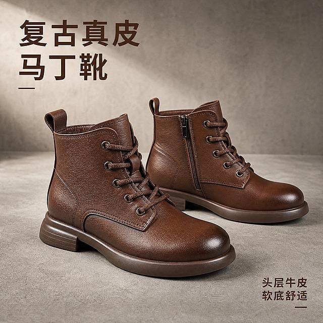 [主图-1] 首图鞋型展示，突出复古棕色真皮马丁靴的整体外观与质感。
[统一基调] 京东品质稳重风格，简约高级，生活化时尚摄影质感，柔和自然光，暖棕色调，背景干净简洁不杂乱，文字占比<30%，一图一重点。
[画面] 画面中央展示一双棕色真皮马丁靴，45°侧视角度，左脚在前右脚在后错落摆放，鞋型饱满完整，鞋面头层牛皮纹理清晰可见，鞋带为同色系棕色，鞋侧拉链细节隐约可见，厚底软底设计，鞋底防滑纹理自然。背景为浅灰色肌理水泥地面与同色系纯色背景墙过渡，整体环境简洁高级，鞋子占画面约70%，主体突出。
[光影质感] 柔和时尚摄影光，主光从左上方45°打下，鞋面形成自然高光带，牛皮纹理质感清晰，鞋底与地面接触处有真实柔和的接触阴影，无硬边阴影，整体光影均匀通透，体现真皮材质的细腻光泽。
[配色] 主色为棕色系（鞋子），背景为浅灰调中性色，整体暖色调，高级沉稳，符合京东品质感。
[文字版式] 画面左上角放置产品名称"复古真皮马丁靴"，右下角放置"头层牛皮 软底舒适"卖点文字，字体为简洁无衬线粗体，深棕色字，字号层级分明，主标题大，卖点文字缩小50%以上，文字不遮挡鞋子主体。
[输出要求] 1:1比例，2K分辨率，鞋子清晰不变形，材质真实，文字清晰可读，无水印，无平台Logo，无多余杂物，画面干净高级。