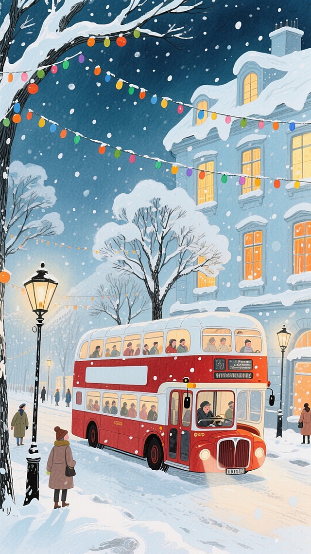 插画风雪夜街景，复古红双层巴士穿行于彩灯点缀的欧式建筑间，水彩质感营造温馨梦幻氛围，融合轻拟物与欧洲宫廷艺术元素，传递冬日节日温情。