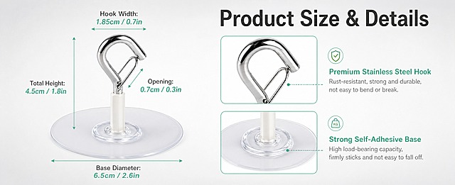 [商品] 使用【图3】免打孔自粘天花板挂钩；保留透明圆形粘胶底座直径6.5cm、白色连接杆、银色金属挂钩总长4.5cm、安全扣开口0.7cm、整体比例和颜色；增强金属光泽和材质细节，不改变产品结构和尺寸比例。
[画面] 目标：产品细节与尺寸参数页，展示结构和精确尺寸。左图右文构图，左侧为产品主体带尺寸引线标注，右侧为材质说明和细节放大图。主体占画面约50%，左侧展示产品侧视全貌带尺寸线，右侧上下排列两个细节放大框：挂钩安全扣特写、粘胶底座特写。阅读动线从左到右。背景为浅灰白渐变。
[视觉] 套系策略：风格=跨境亚马逊极简高级商业摄影；标题字=现代无衬线粗体英文字体；正文字=简洁无衬线英文字体；主色=银灰+浅灰白；背景延展=基于浅灰白做深浅层级渐变和细腻哑光质感；强调色=薄荷绿，仅用于尺寸线、引线和标签；标题色=深炭灰；正文色=中灰；组件=细线尺寸标注、圆角细节放大框、引线标注；光影=正前侧柔光，金属高光清晰。
[文字] 右上主标题"Product Size & Details"；左侧产品带尺寸标注："Base Diameter: 6.5cm / 2.6in"、"Total Height: 4.5cm / 1.8in"、"Hook Width: 1.85cm / 0.7in"、"Opening: 0.7cm / 0.3in"；右侧两个细节框分别标注"Premium Stainless Steel Hook"和"Strong Self-Adhesive Base"；文字全部横向排版。
[规格] 图片比例61:25横版，4K，避免变形、错字、文字过小、冷蓝背景、产品尺寸比例失真、标注不清。
