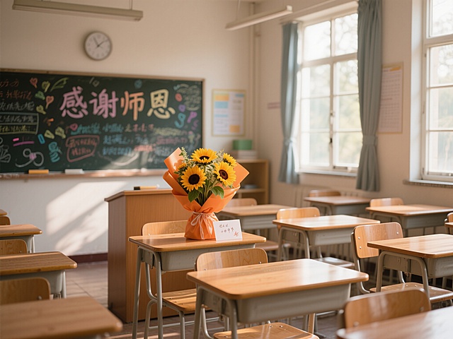 教室温馨布置，向日葵花束点缀，黑板手写“感谢师恩”，清新文艺，手账风设计。