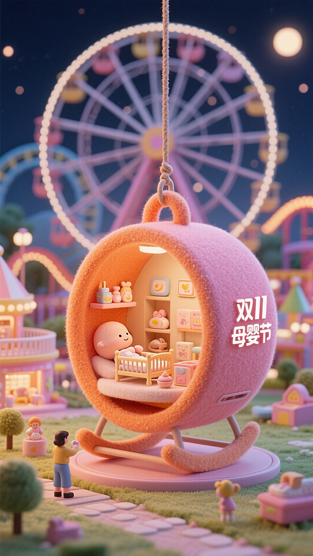 梦幻3D微缩场景，毛绒质感摇篮悬挂于游乐园夜景中，软萌可爱，温馨趣味十足，传递双11母婴节的温暖与童趣。