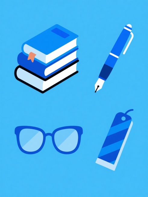 一套四个元素的系列插画，保持扁平风格、纯色背景、简洁线条、圆润边角和鲜艳色块的视觉特征，整体画面色彩变换为以蓝色调为主。第一个元素是堆叠的书本，书脊和封面为不同深浅的蓝色系；第二个元素是一支带有蓝色笔帽和笔身的钢笔，笔尖细节清晰；第三个元素是一副蓝色镜框的眼镜，镜片透明；第四个元素是一个带有蓝色系几何图案的书签。四个元素规整排布，每个元素独立成图，风格统一，元素类目明确，设计简洁明快，符合学习……预览效果