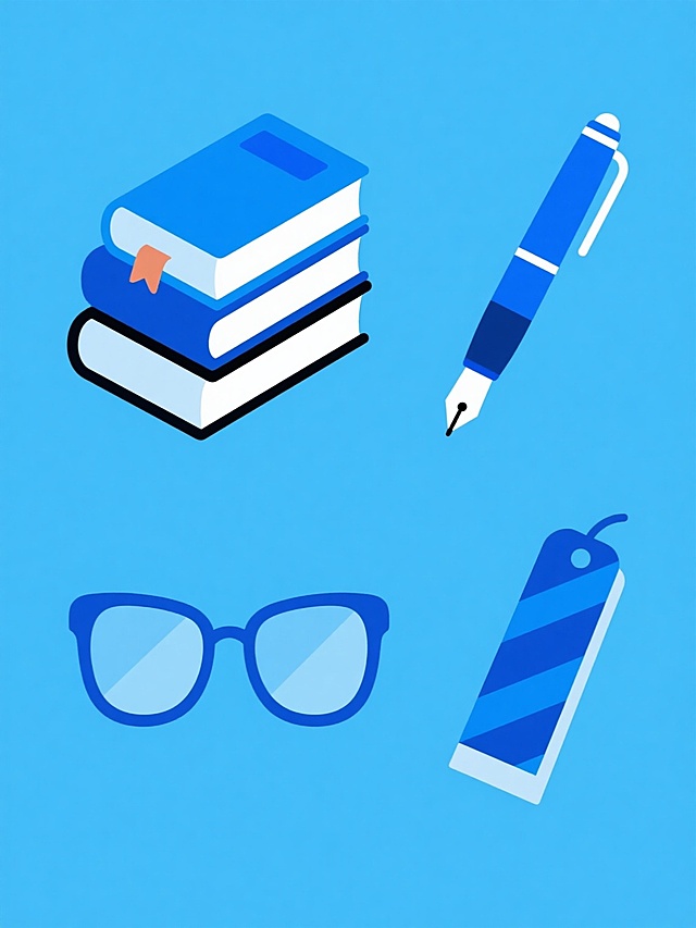 一套四个元素的系列插画，保持扁平风格、纯色背景、简洁线条、圆润边角和鲜艳色块的视觉特征，整体画面色彩变换为以蓝色调为主。第一个元素是堆叠的书本，书脊和封面为不同深浅的蓝色系；第二个元素是一支带有蓝色笔帽和笔身的钢笔，笔尖细节清晰；第三个元素是一副蓝色镜框的眼镜，镜片透明；第四个元素是一个带有蓝色系几何图案的书签。四个元素规整排布，每个元素独立成图，风格统一，元素类目明确，设计简洁明快，符合学习文具主题的视觉传达需求。