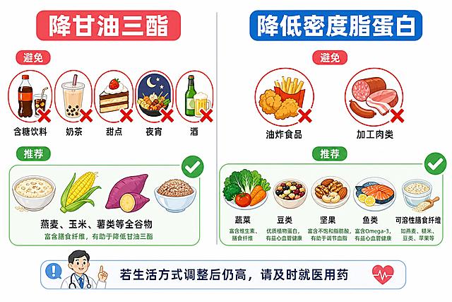 医学科普饮食建议信息图，左右分栏。左侧标题'降甘油三酯'，下方有禁止图标：含糖饮料、奶茶、甜点、夜宵、酒，打红色叉号；推荐食物：燕麦、玉米、薯类等全谷物，绿色对勾。右侧标题'降低密度脂蛋白'，下方禁止图标：油炸食品、加工肉类，打红色叉号；推荐食物：蔬菜、豆类、坚果、鱼类、可溶性膳食纤维，绿色对勾。底部小字提示'若生活方式调整后仍高，请及时就医用药'。扁平卡通风格，清新健康风，白色背景