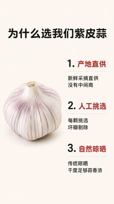 [第6屏] 核心卖点拆解-选择紫白皮干蒜的三个理由。
[氛围/风格] 清晰信息版式，干净接地气风格，高信息密度适合手机阅读。
[元素布局] 顶部大标题区域，下方左半部分放置原商品紫白皮整颗干蒜，保持形预览效果