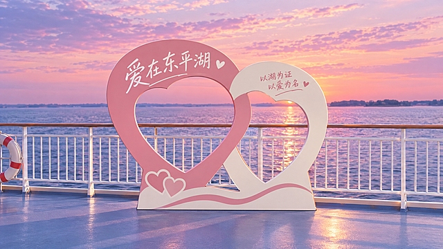 参考图中打卡牌设计风格，生成第四个东平湖浪漫主题镂空打卡牌：延伸造型为简约双爱心拼接异形，PVC板材质，双人尺寸适中，文旅风简约治愈大气，不花哨。主文字"爱在东平湖"，辅助小字"以湖为证 以爱为名"，装饰极简：两颗交叠小爱心+底部一道柔曲线，配色：豆沙粉+奶白，温柔高级。背景为游船甲板白色栏杆+辽阔东平湖湖面，傍晚粉紫晚霞，无大桥，打卡牌立在甲板临栏杆处，真实自然，透视准确，光影温柔浪漫，高清2K
