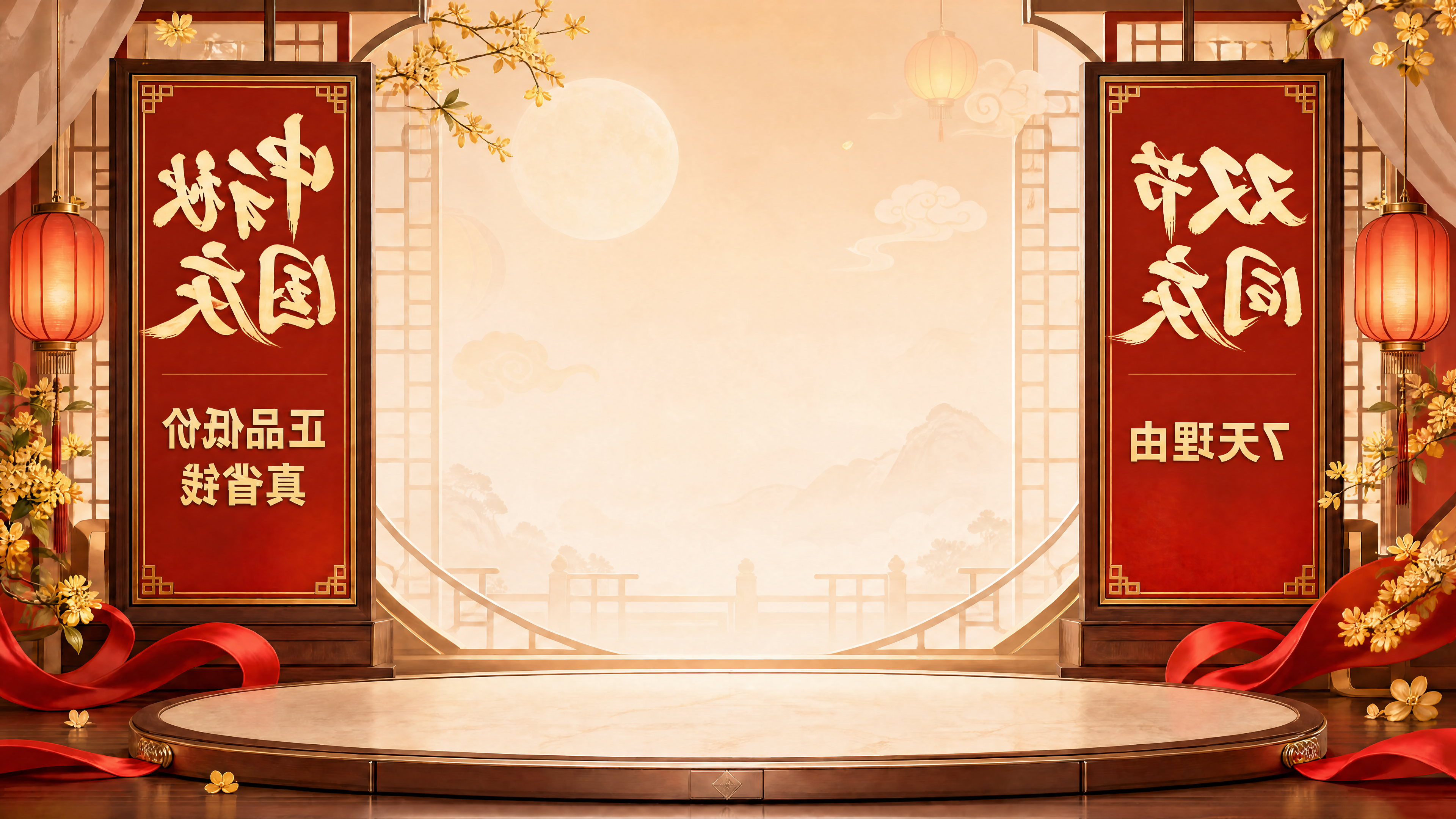 将画面左右两侧的竖幅牌匾文字进行水平镜像翻转，保持牌匾位置、背… - 图片创意预览