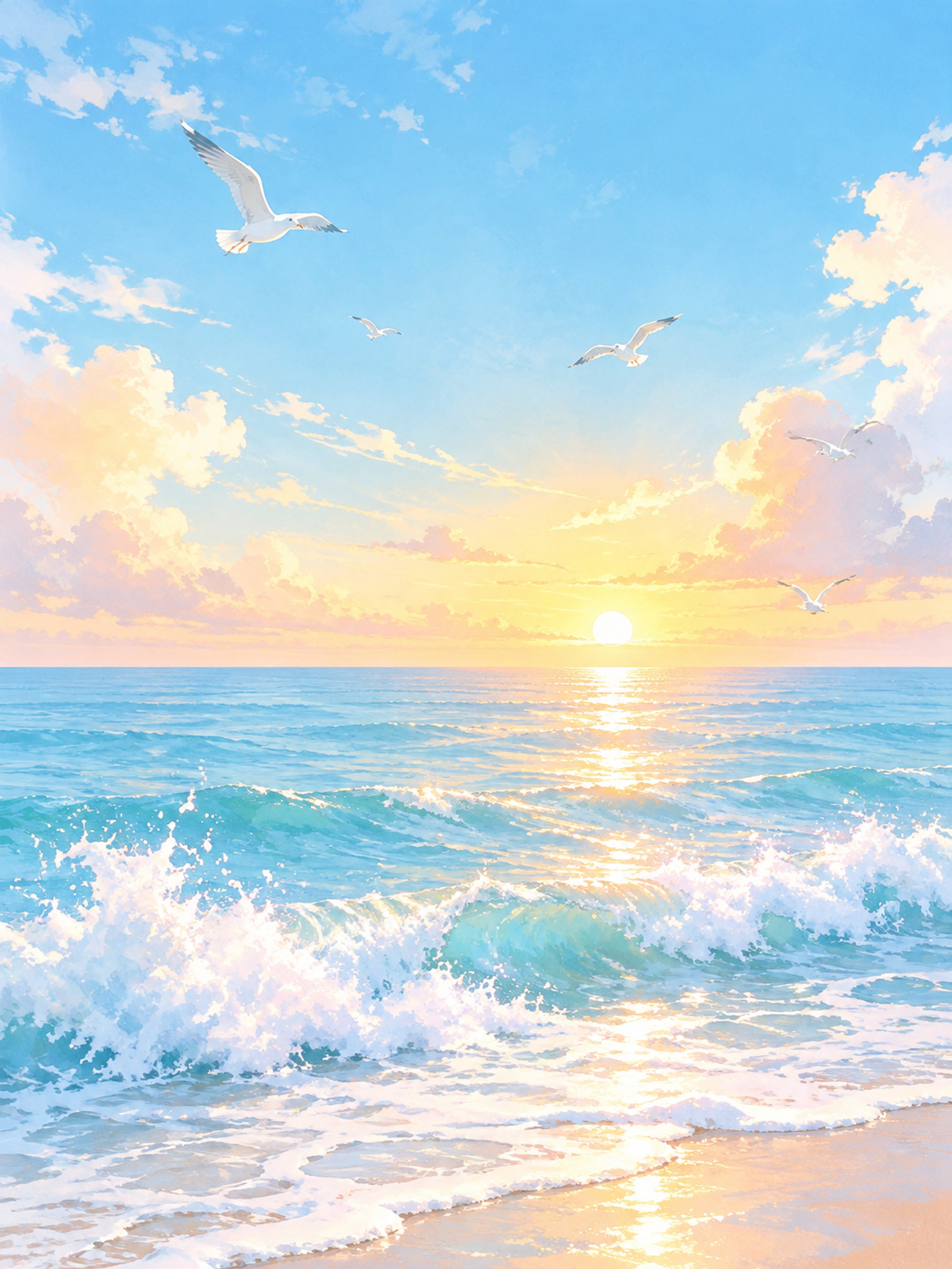 清新治愈日系水彩插画背景，清晨海边日出，澄澈浅蓝色天空，暖金色… - 图片创意预览