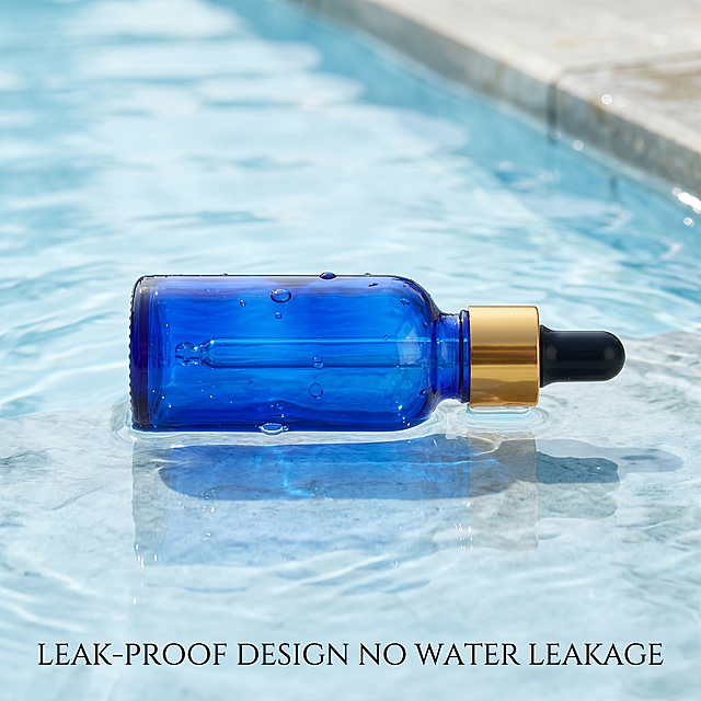 [Main Image 5] Water test verification of leak-proof performance of blue essential oil bottles. [Atmosphere Style] Fresh and natural, clean and credible test scenario. [Image Quality] Commercial photography, clear picture, real texture, high-end clean. [Elements] Put a sealed blue essential oil bottle horizontally in clean water, you can see no water leakage into the bottle, the bottle is completely dry inside, to visually prove the leak-proof effect. The background is a light bright pool edge, fresh water environment, the overall picture is clean and bright. Keep the bottle shape, color and material completely consistent with the input product picture. The text "Leak-proof Design No Water Leakage" marked at the bottom. [Lighting] Natural soft water light, bright and transparent, clear reflection on the water surface, highlight the glass bottle texture. [Color Matching] Mainly light blue water color, product blue and gold prominent, fresh and natural overall color matching. [Perspective Composition] Centered composition, the bottle in the water is the visual focus, the picture is simple and focus. [Text Layout] The description text at the bottom, all in English, simple font, clear and does not affect the product display. [Proportion Resolution] 1:1 proportion, 2k resolution, super high definition. [Negative Prompt] Deformed, watermark, text disorder, blurred product, messy picture, extra Chinese characters.
